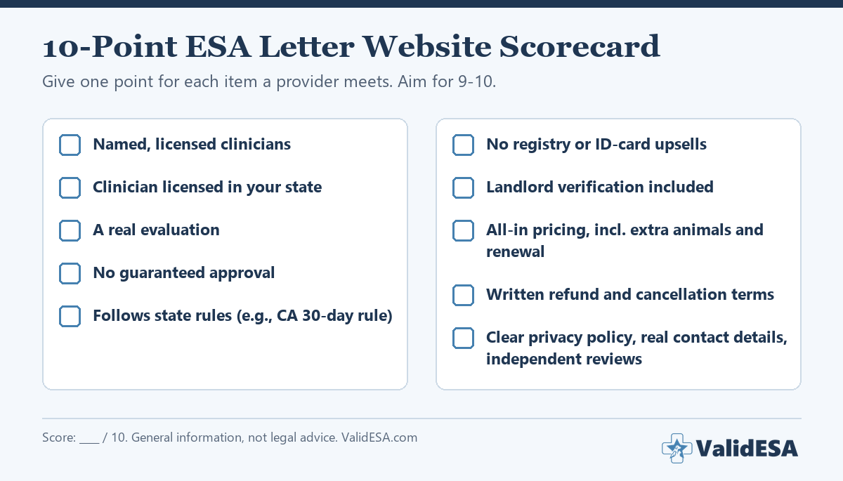 Best ESA letter websites scorecard: checklist comparing online ESA letter providers