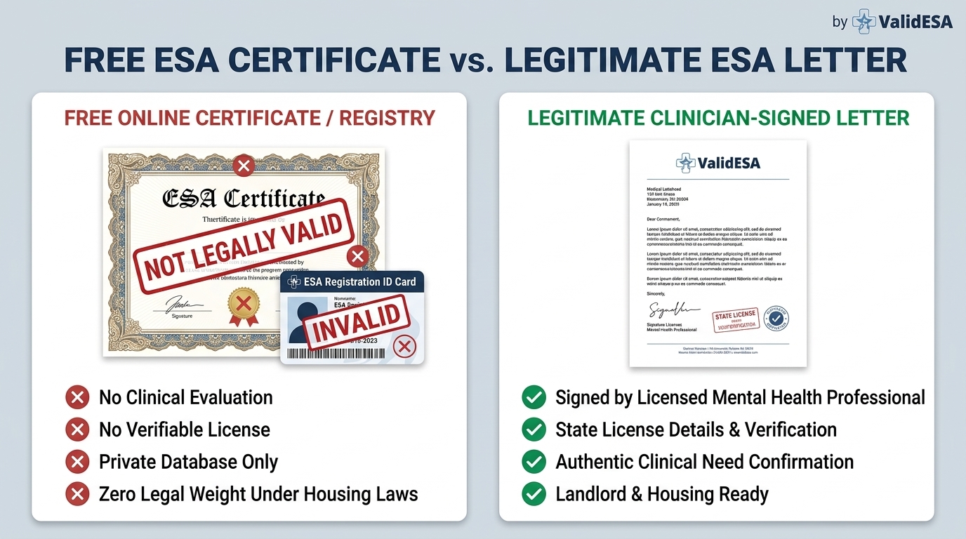 Free ESA certification myth: printed ESA certificate and ID card next to a clinician-signed ESA letter