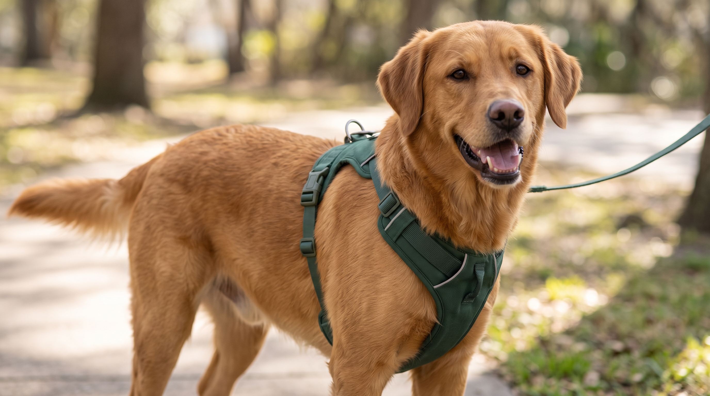 Dog wearing a plain green harness