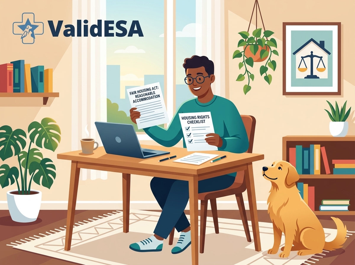 Fair housing and emotional support animals: renter with a dog reviewing a Fair Housing Act reasonable accommodation request