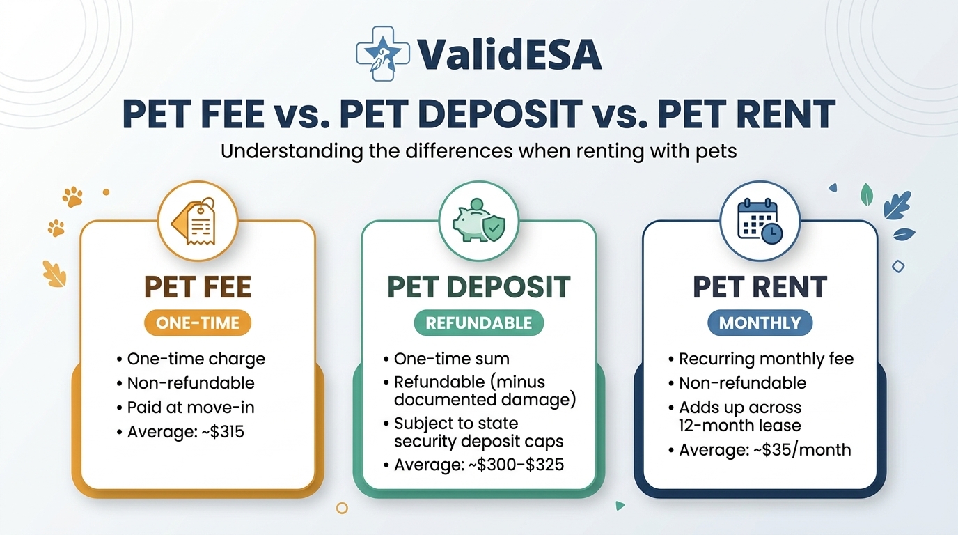 Pet fee for rental compared: cards showing a pet fee, a pet deposit and monthly pet rent