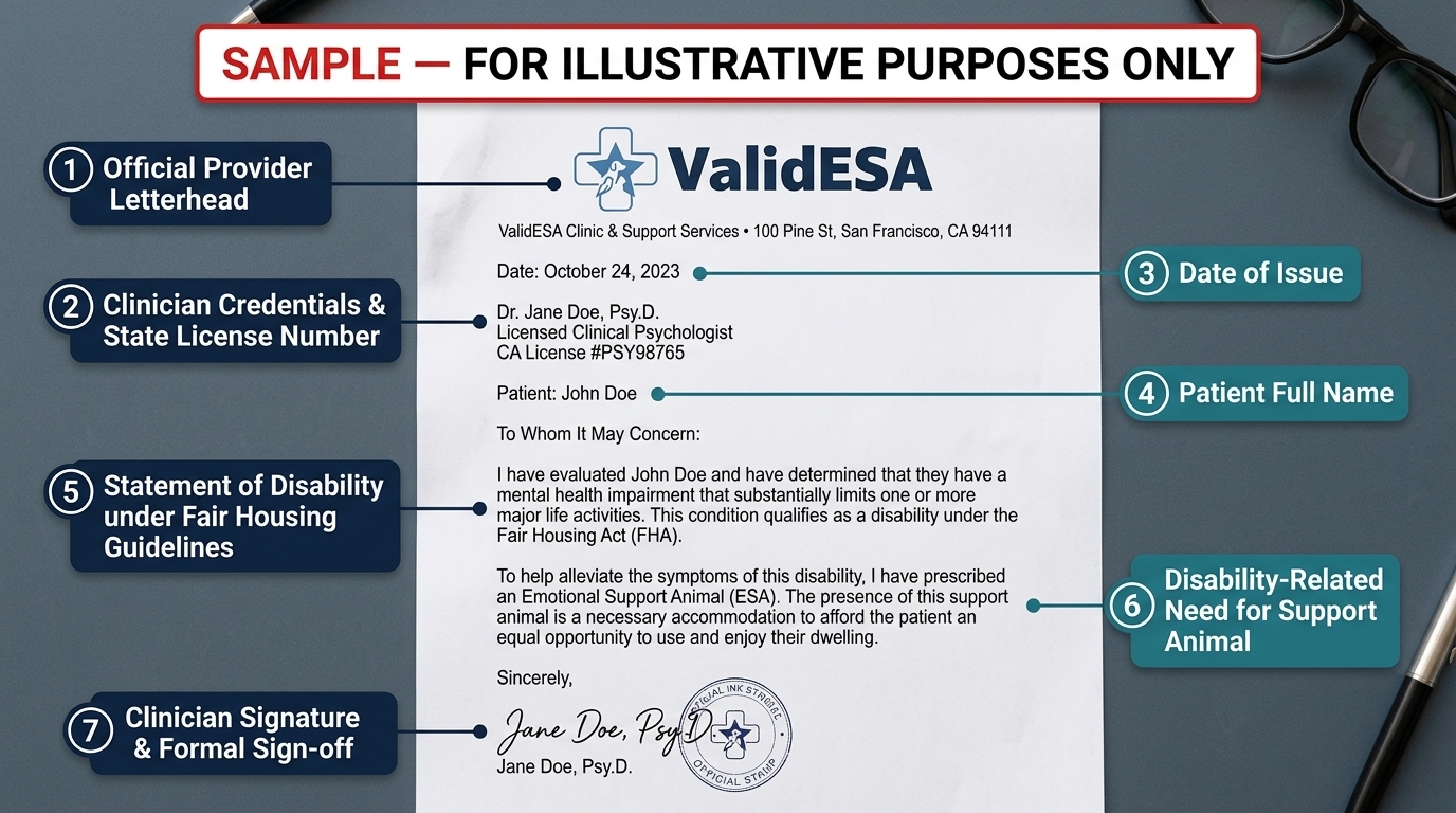 What is an ESA letter: annotated sample emotional support animal letter showing letterhead, license number, date and signature