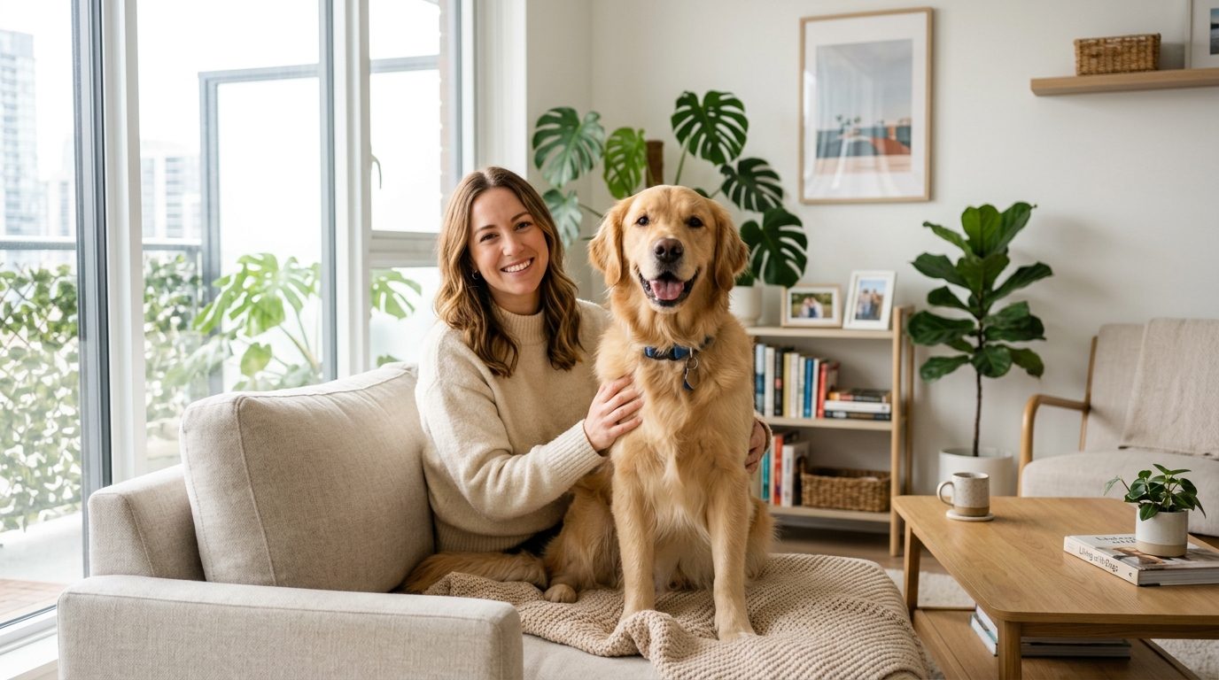 Woman with her emotional support animal at home, protected by a valid ESA letter