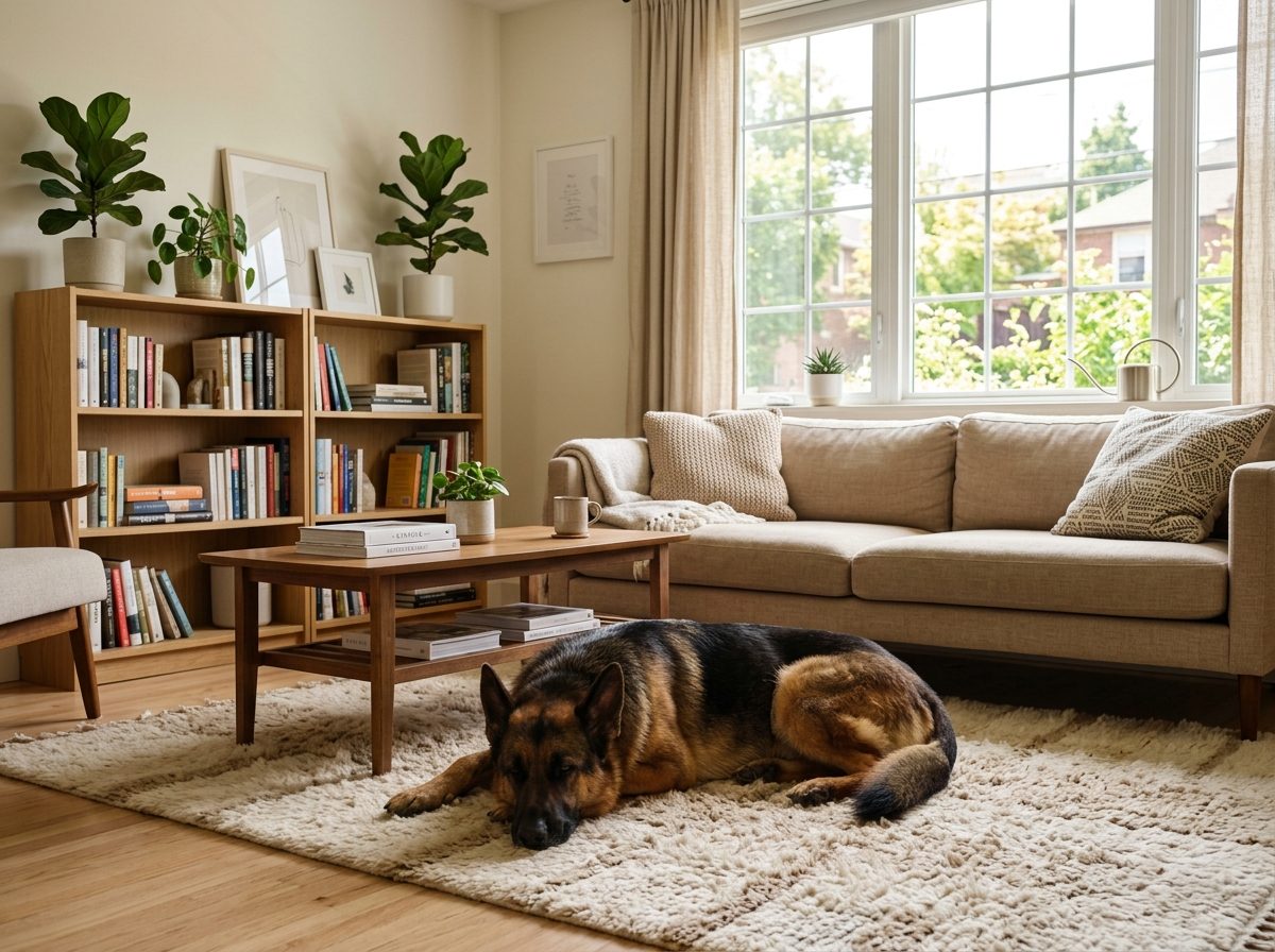 Emotional support dog resting in an apartment living room under Fair Housing Act protection